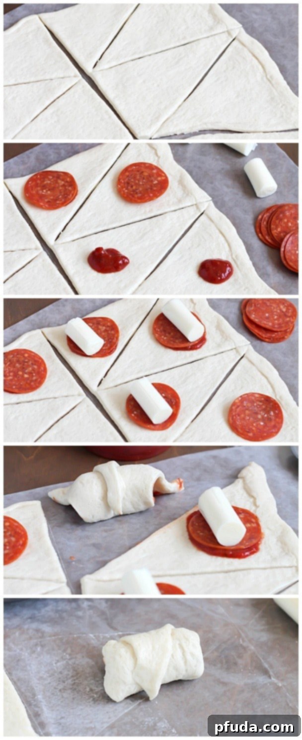 Step-by-step visual instructions demonstrating how to assemble simple pizza rolls using ready-made pizza dough, pizza sauce, pepperoni, and mozzarella cheese sticks.
