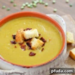 Hearty Split Pea Soup with Crispy Bacon and Parmesan Croutons 2 Delicious Split Pea Soup with Bacon and Homemade Parmesan Croutons.
