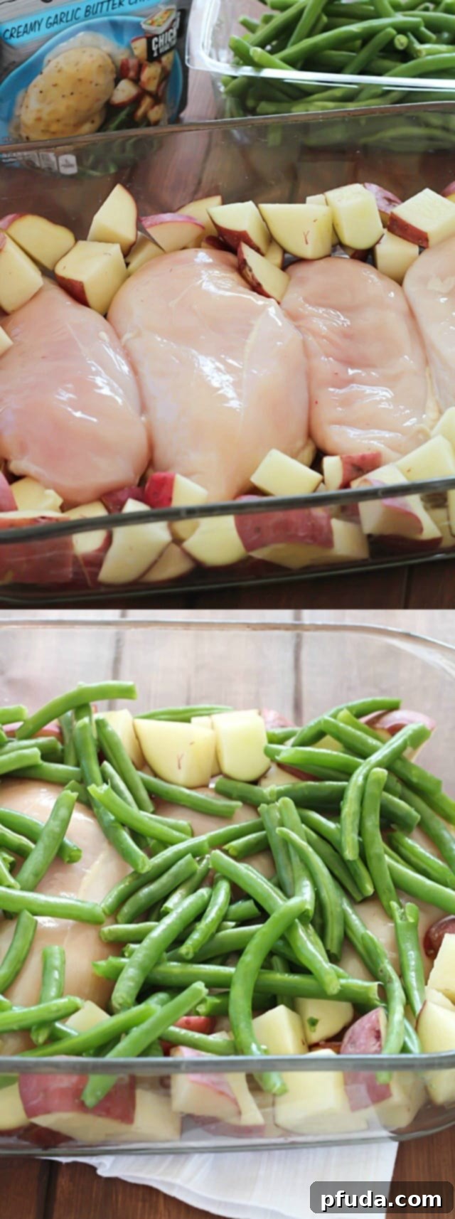Garlic Butter Chicken with Green Beans and Potatoes One-Pot Dinner 4 A visual guide showing chicken breasts, diced potatoes, and fresh green beans artfully arranged in a baking dish, ready for the sauce.