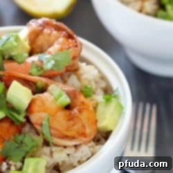 Healthy Brown Rice Bowl with Shrimp & Avocado with a delicious sauce - a light and easy dinner that will satisfy and taste great! PLUS a $500 Giveaway for Paypal cash or Amazon Gift Card!