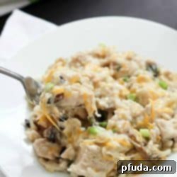 Easy Skinny Chicken and Rice Casserole using NO cream soups and made in about 30 minutes! Put this on your dinner menu - you will love this easy meal!