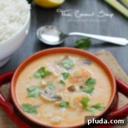 Aromatic Thai Coconut Delight 2 Make your favorite Thai take-out at home with this Thai Coconut Soup. A crazy delicious coconut broth with shrimp, mushrooms and rice - it's comfort food at its finest!