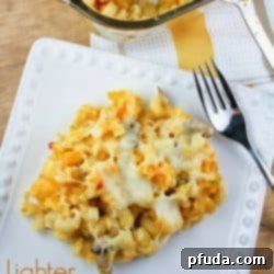 A dish of Lighter Baked Mac & Cheese with Hidden Butternut Squash and Mushrooms