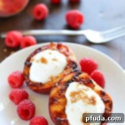 Grilled Peaches with Yogurt & Brown Sugar - A delicious, healthy, and easy dessert recipe perfect for summer.