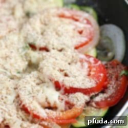 Recipe for One Pan Tomato Zucchini Skillet, a healthy and easy side dish.