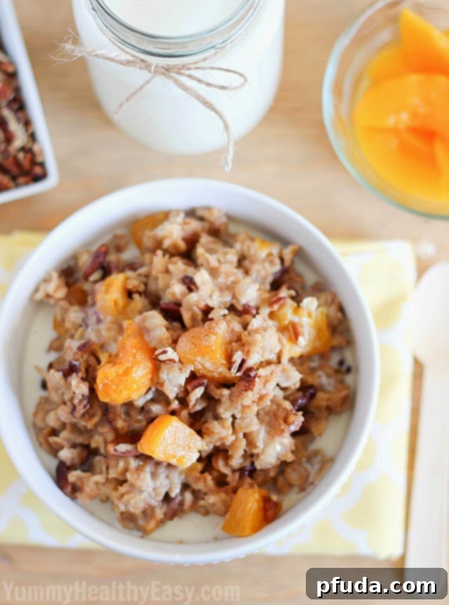 Slow Cooked Peach and Oat Delight 3 Start the day off with a healthy and EASY breakfast with this Slow Cooker Peach Oatmeal! AD