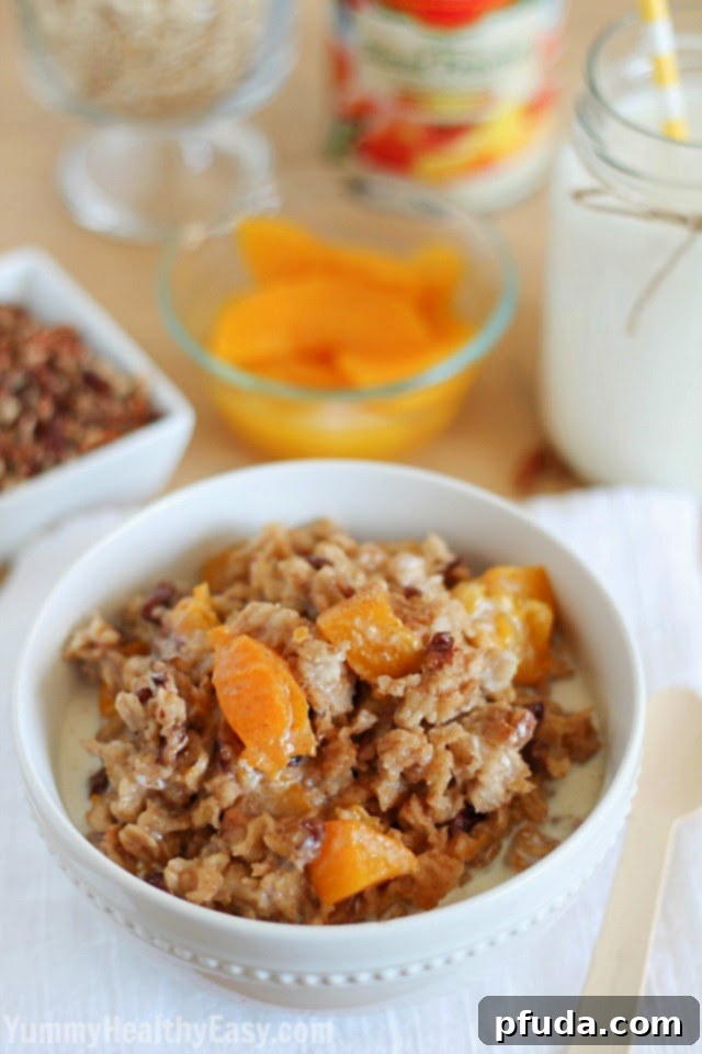 Slow Cooked Peach and Oat Delight 4 Check out this incredibly easy and healthy Slow Cooker Peach Oatmeal recipe! Breakfast in the crock pot!