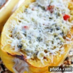 Spinach and Artichoke Stuffed Spaghetti Squash ready to be enjoyed.