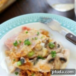 Finished Chicken Cordon Bleu Casserole, a delightful one-pan comfort food, sliced and ready to serve for the whole family.