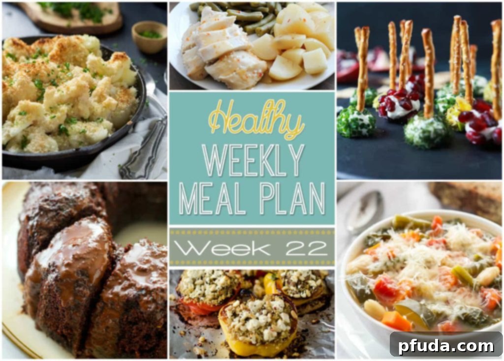 Healthy Weekly Meal Plan #22 Overview with various colorful dishes and fresh ingredients for a balanced diet
