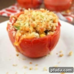 Tomatoes stuffed full of corn, black beans, breadcrumbs, jalapeño, cheese and then baked. A perfect side dish or appetizer.