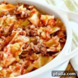 Lazy Cabbage Roll Casserole 2 A top-down view of the Beef Cabbage Roll Casserole with ingredients clearly visible.