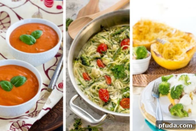 Additional blender recipes including Creamy Tomato Basil Soup and Cauliflower Alfredo Zoodles, promoting healthy eating.