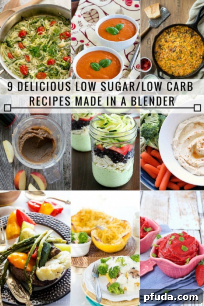 Southwest Zoodle Jar Magic: Avocado Cream Dressing & Your Chance to Win! 3 Collage of 9 Delicious Low Sugar/Low Carb Recipes Made in A Blender, featuring a variety of healthy meal options.